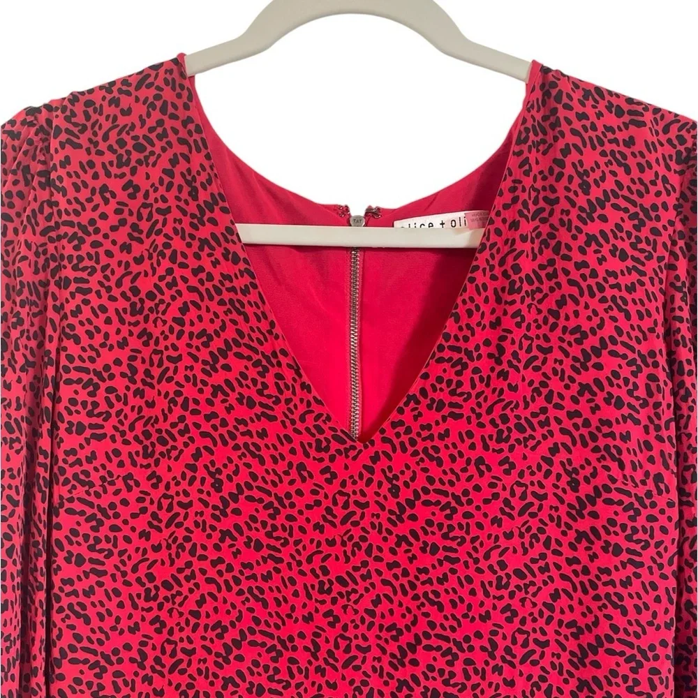 Alice + Olivia Polly Red Leopard Mini Dress Fit & Flare Long Sleeves, Size 10 - Picture 3 of 7